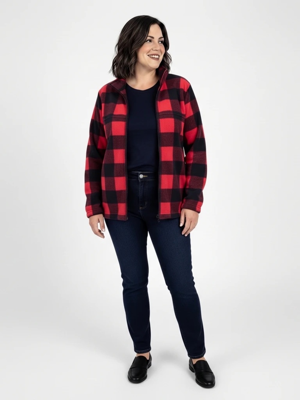 Columbia Buffalo Plaid Fleece Jacket Red Black Full Zip Zipper Pockets Womens L
